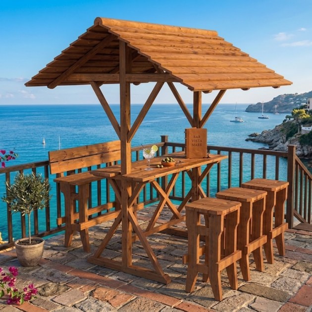Tavolo a capanna con sgabelli e panchina da giardino Set Leo
